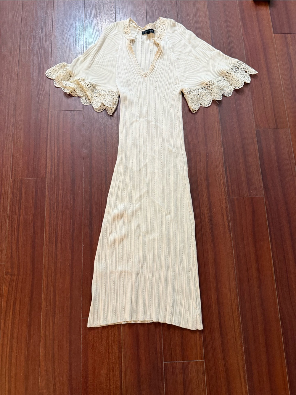 Cream Knit Maxi Dress with Lace Trim